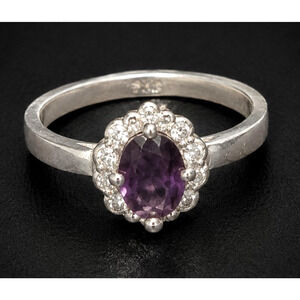 Vintage Purple Ring Dainty Glass Rhinestone Sterling Silver 925 Size 6.5 TN40‎